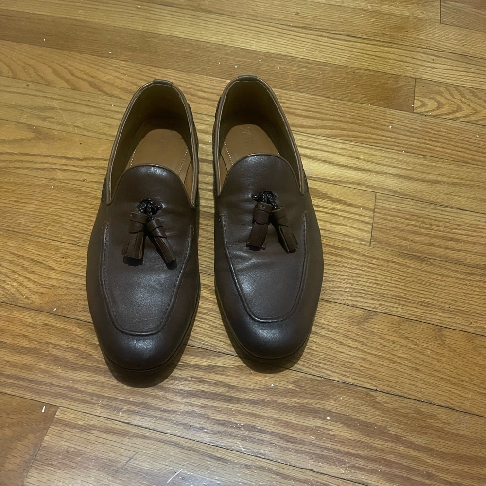 Zara Men’s Brown Leather Tassel Loafers Sz 43